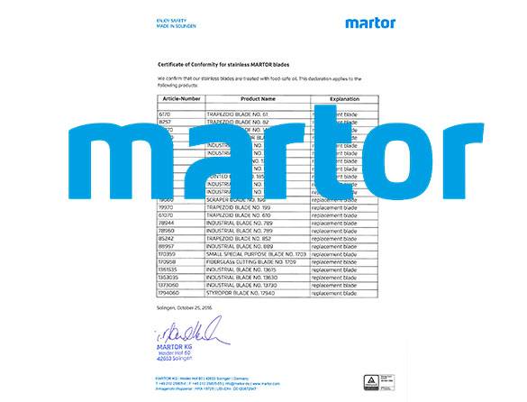 Certificado de Conformidad para las lminas inoxidables de MARTOR.